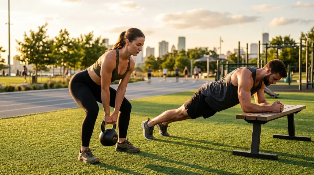 Athletic couple performing core and resistance training outdoors during golden hour (AI Generated Image)