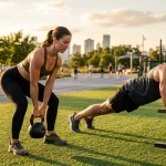Athletic couple performing core and resistance training outdoors during golden hour (AI Generated Image)