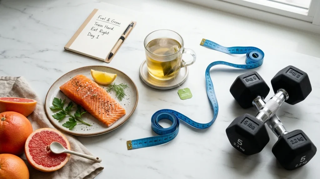 Sports nutrition flatlay with green tea, tape measure, and dumbbells (AI Generated Image)