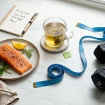 Sports nutrition flatlay with green tea, tape measure, and dumbbells (AI Generated Image)