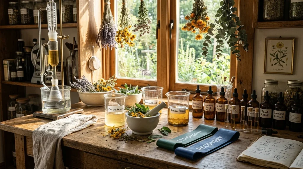 Apothecary glassware and botanical extraction equipment for athletic recovery (AI Generated Image)
