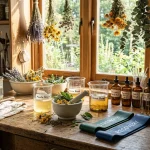 Apothecary glassware and botanical extraction equipment for athletic recovery (AI Generated Image)