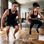 Athletes performing high intensity interval workout during Insanity training plan (AI Generated Image)
