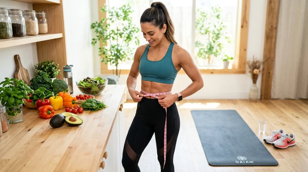 Fit woman measuring waistline next to clean wholesome nutrition (AI Generated Image)