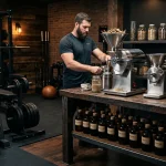 Gym laboratory setup with weights and botanical extraction equipment (AI Generated Image)
