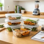 The Insanity Diet: Daily Meal Plans & Grocery Guide 2 Athletic meal prep containers and Insanity diet grocery checklist (AI Generated Image)