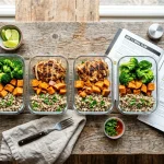 Insanity Nutrition Guide: Meal Plan & Calorie Calculator 2 Athletic meal prep bowls and Insanity nutrition guidebook on rustic table (AI Generated Image)
