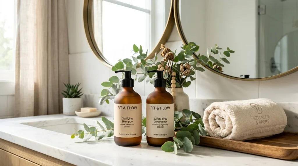 Gentle balancing workout shampoo bottles on bathroom vanity (AI Generated Image)