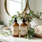 Gentle balancing workout shampoo bottles on bathroom vanity (AI Generated Image)
